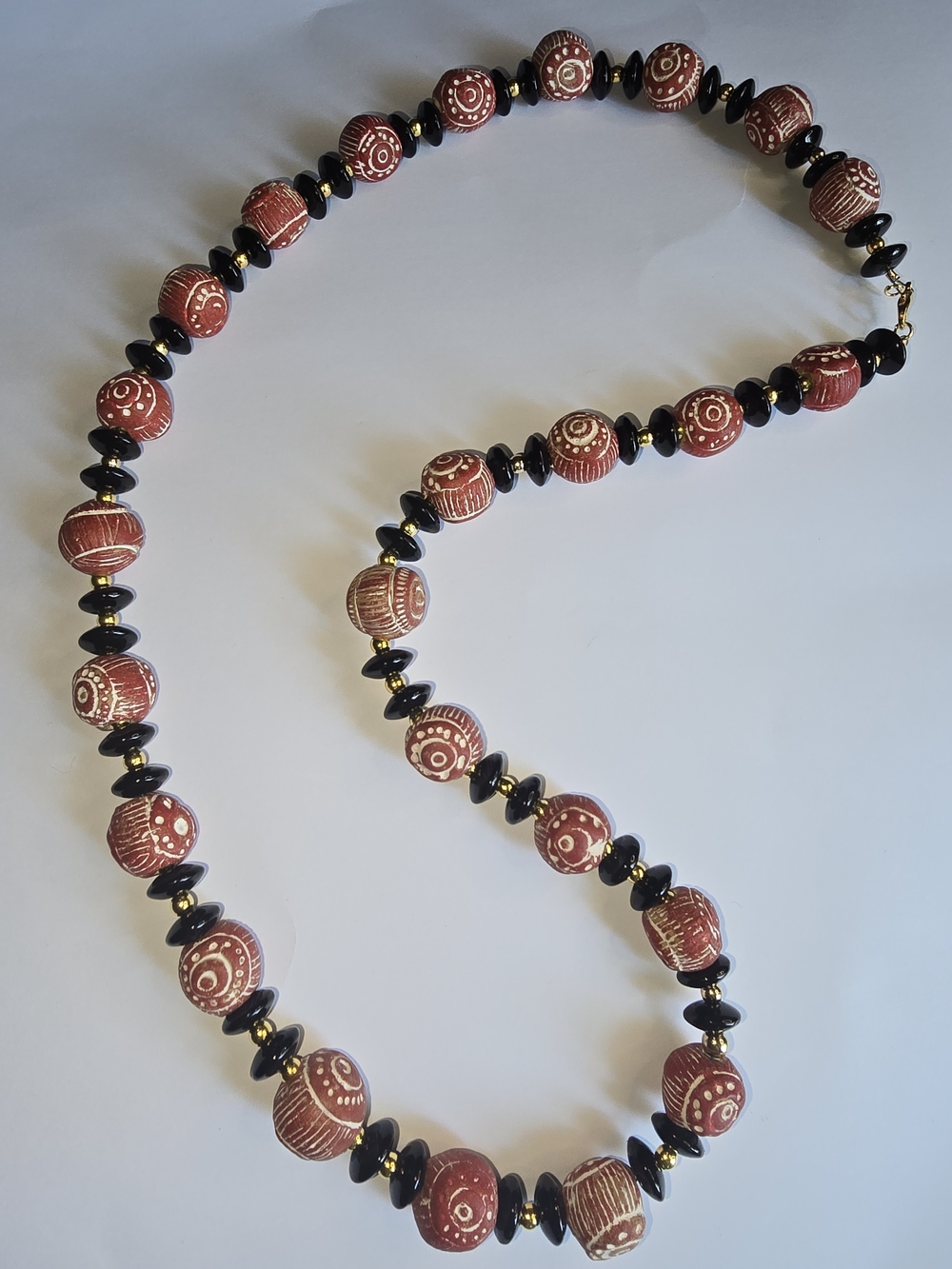 Artisan Red Patterned Bead Necklace with Black Accents